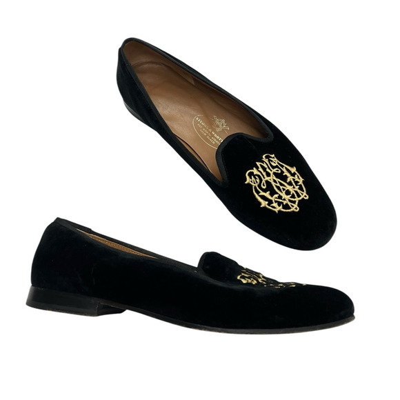 Stubbs & Wootton Palm Beach Black Velvet Gold Crest Embroidery Loafers Size 7.5 - Picture 8 of 10